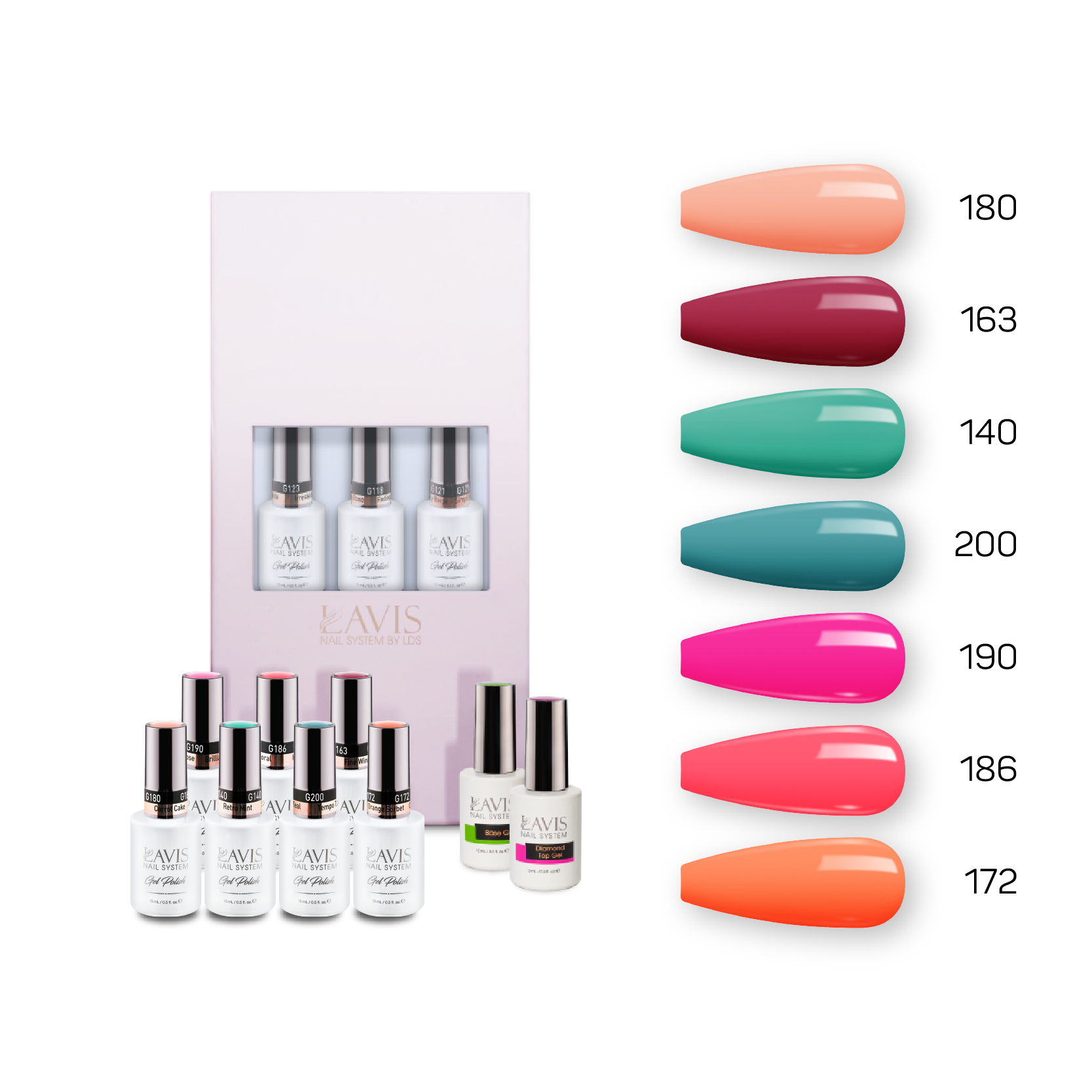 Lavis Holiday Collection: 7 Gel Polishes, 1 Base Gel, 1 Top Gel - Set 13 - 180, 163, 140, 200, 190, 186, 172 + BT