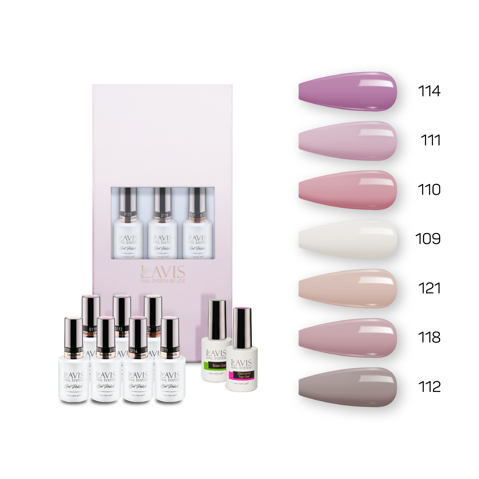 Lavis Holiday Collection: 7 Gel Polishes, 1 Base Gel, 1 Top Gel - Set 1 - 114, 111, 110, 109, 121, 118, 112 + BT