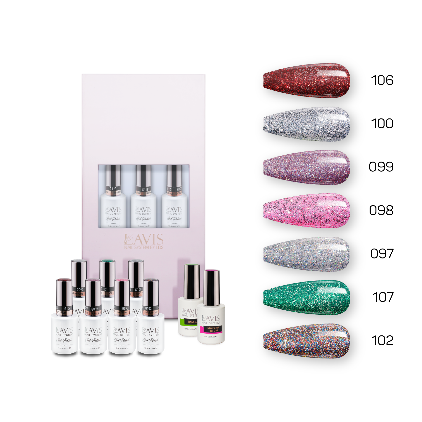 Lavis Holiday Collection: 7 Gel Polishes, 1 Base Gel, 1 Top Gel - Set 21 - 106, 100, 099, 098, 097, 107, 102 + BT