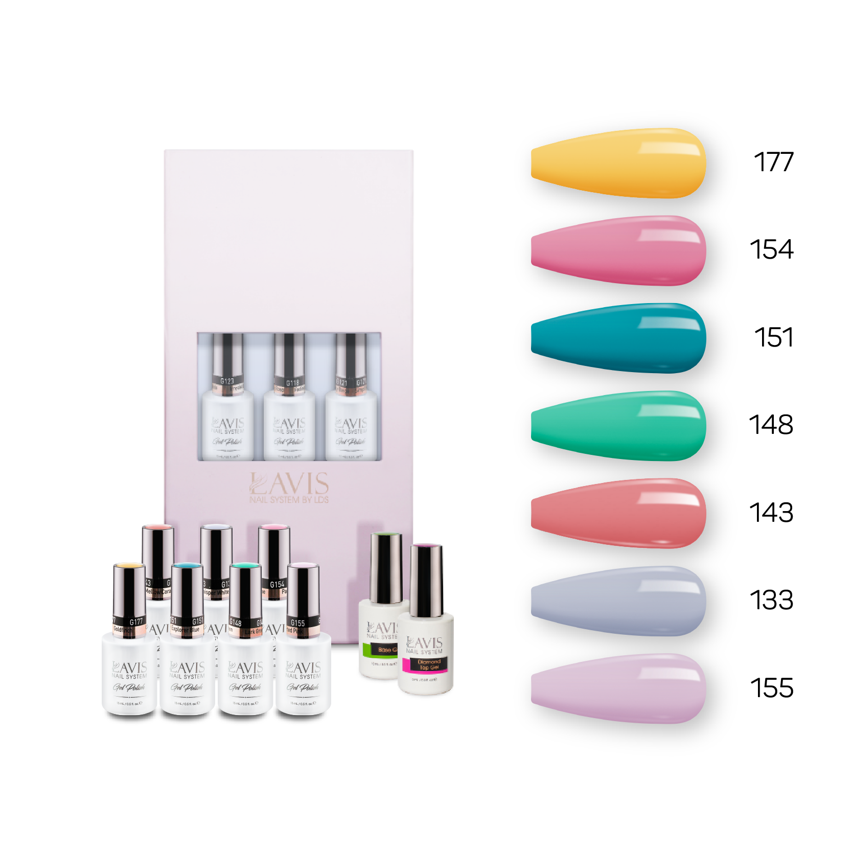 Lavis Holiday Collection: 7 Gel Polishes, 1 Base Gel, 1 Top Gel - Set 9 - 177, 154, 151, 148, 143, 133, 155 + BT