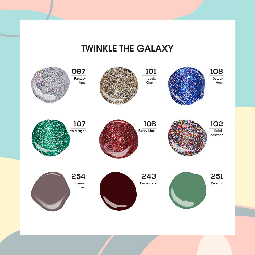 9 Lavis Holiday Gel Nail Polish Collection - TWINKLE THE GALAXY - 097; 101; 108; 107; 106; 102; 254; 243; 251